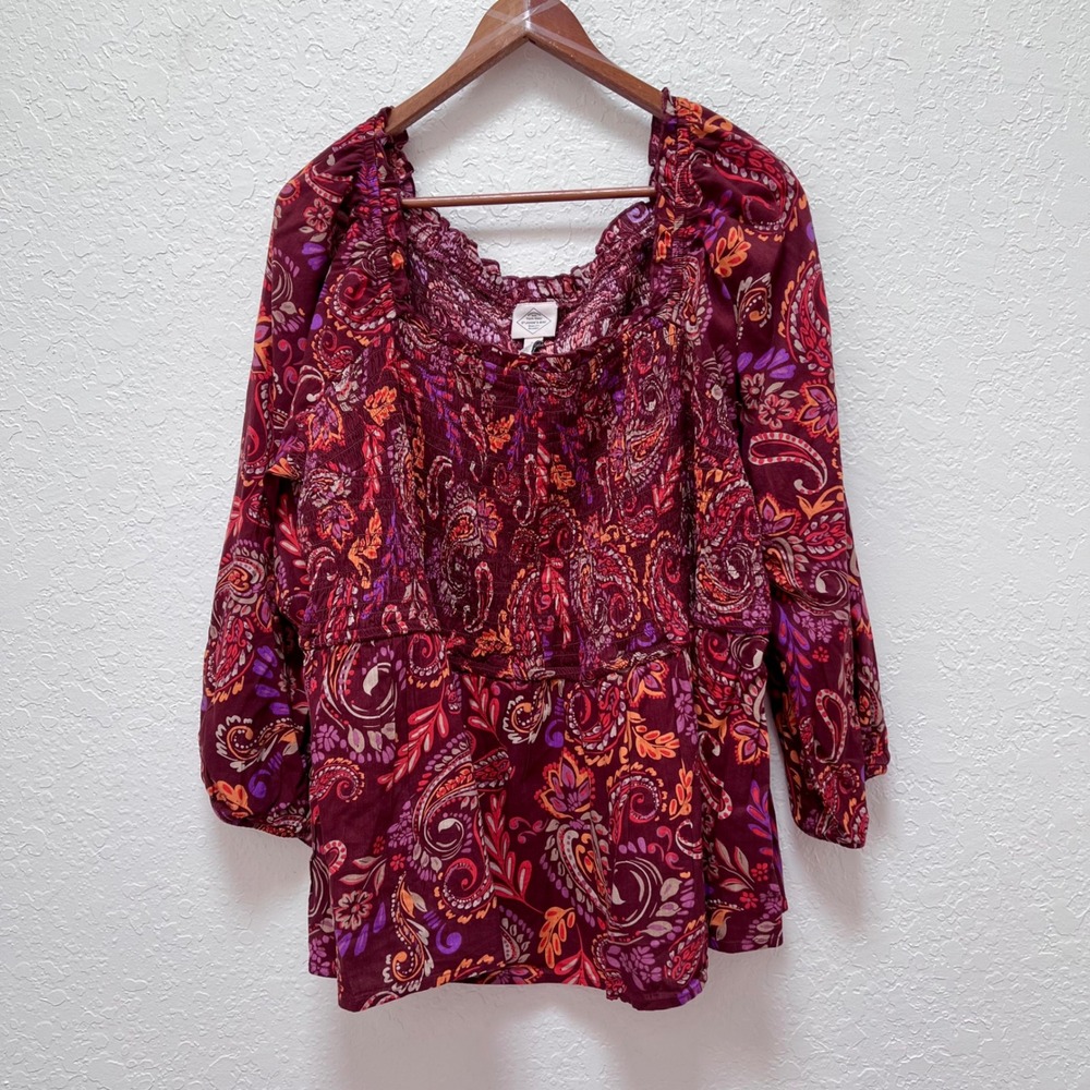 St Johns Bay Womens 2X Paisley Smocked Peasant Blouse‎ Burgundy Purple Boho Top